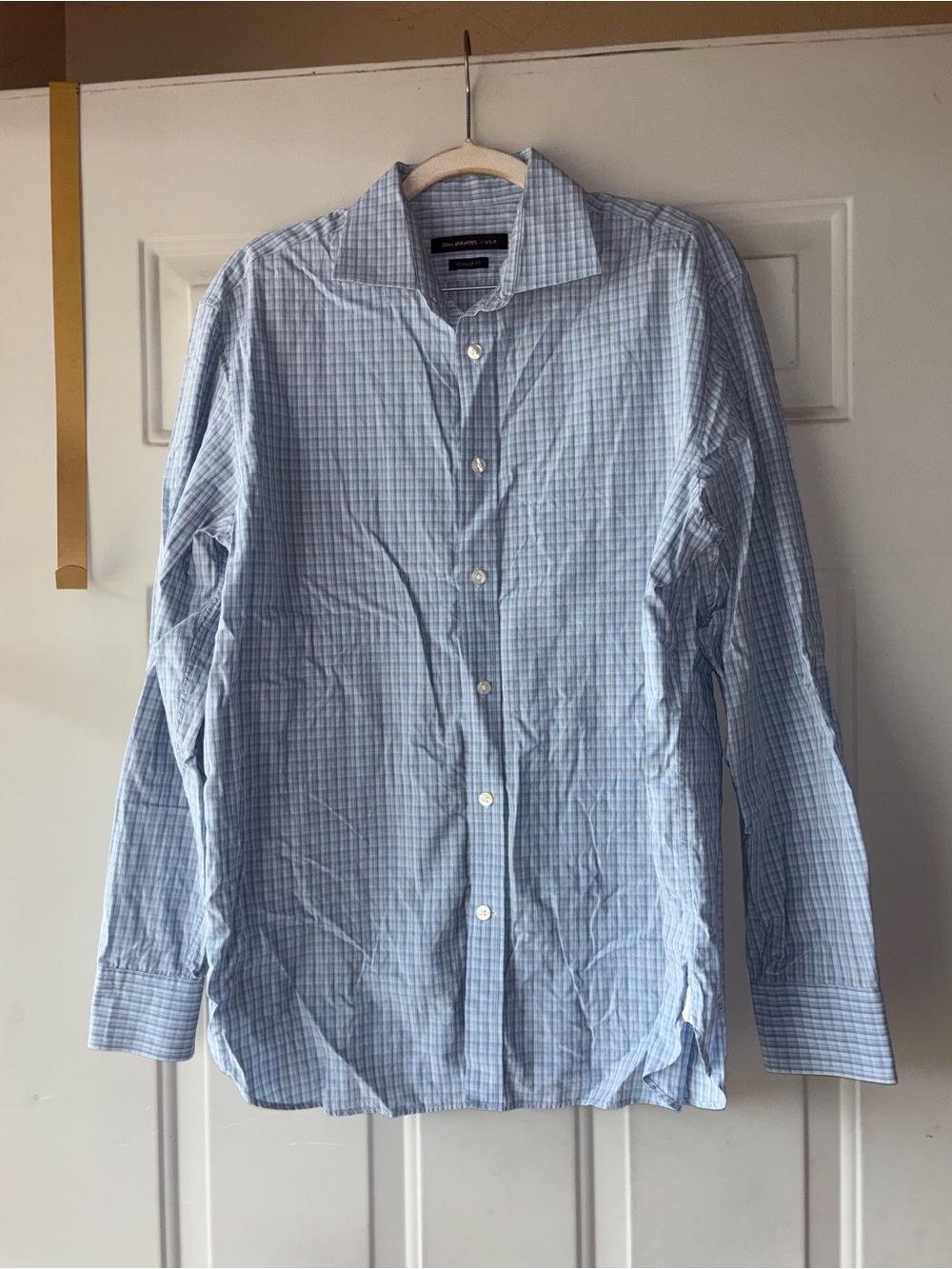 John Varvatos light blue plaid button down shirt size 15-1/2 32-33